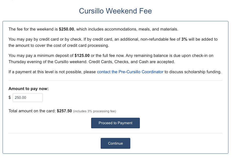 Credit card payment section with amount, fee breakdown, and total