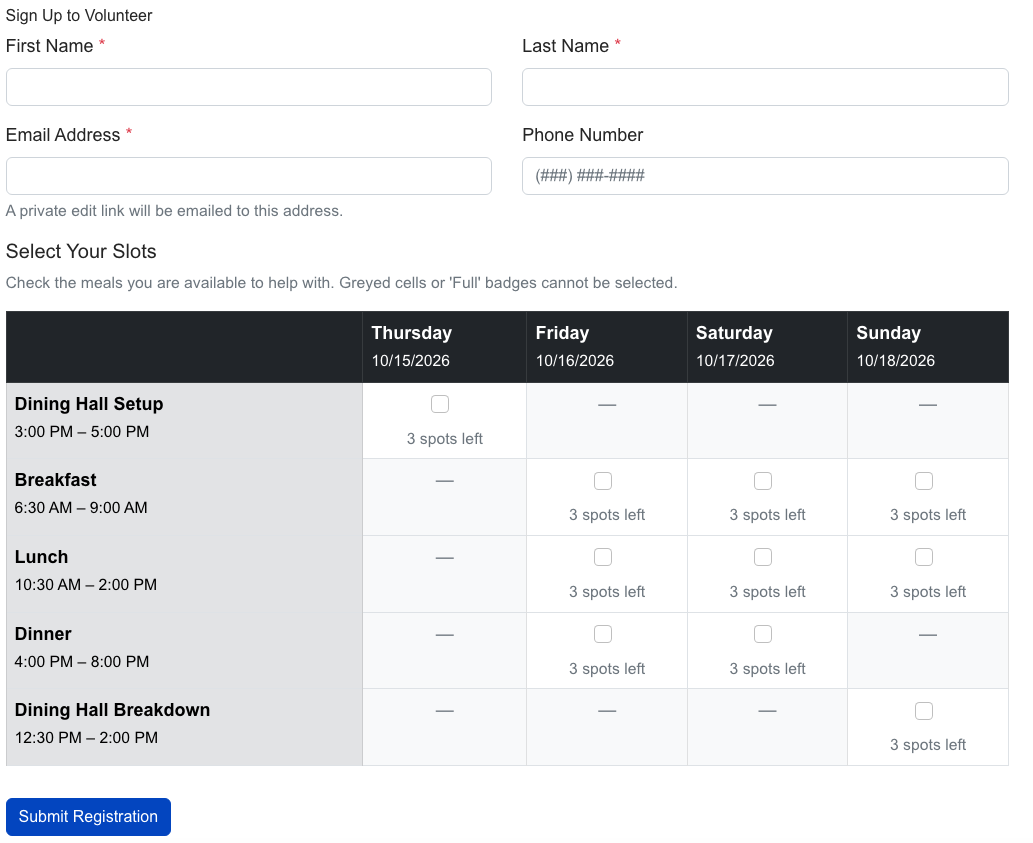 Kitchen volunteer signup form with slot checkboxes