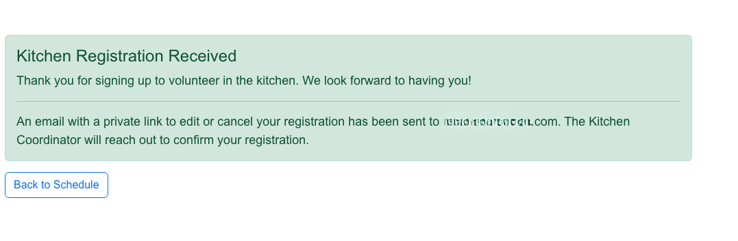 Kitchen signup confirmation page