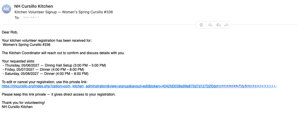 Kitchen signup confirmation page