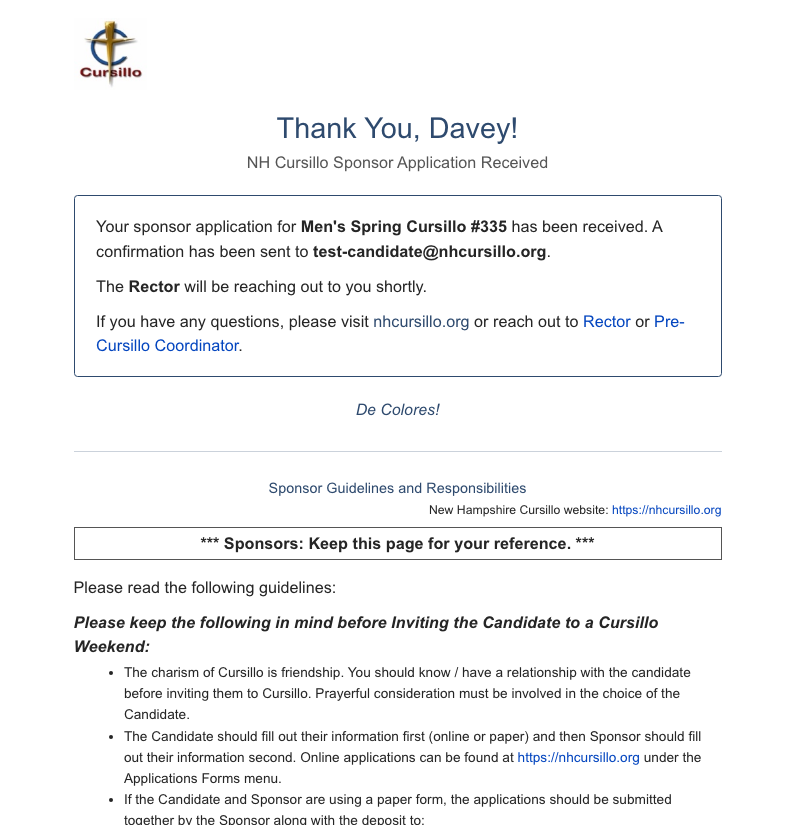 Sponsor submission confirmation page