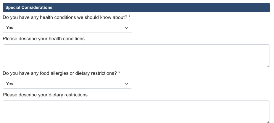 Health conditions and dietary restriction fields