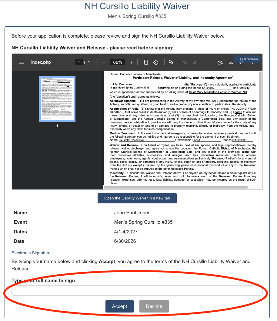 Team member liability waiver page